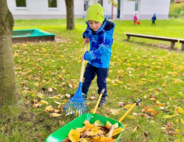 Náhledová fotka - Dítě shrabávající spadané listí pod stromem